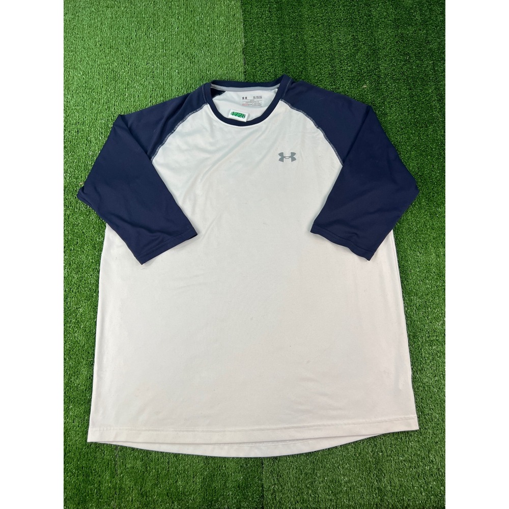Under Armour Mens HeatGear Raglan Baseball T-Shirt XL White Navy Blue Loose Fit